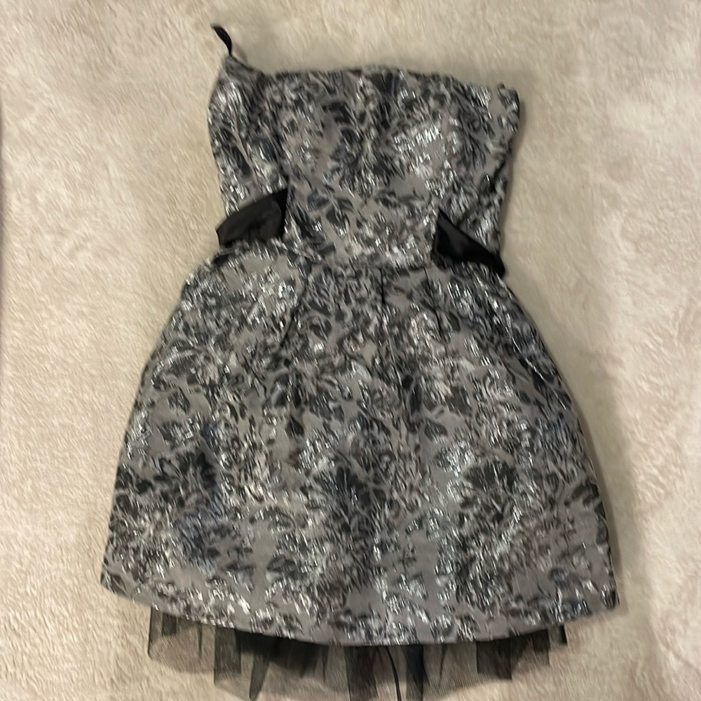 Shimmer, overlay tool, peekaboo, fringe satin belt, Empire Waste top dress, sz 4